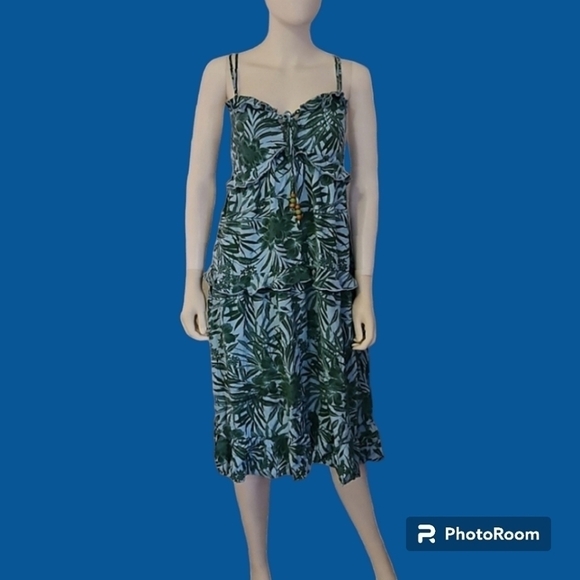 SOFIA 1990s Tropical Palm Leaf Ruffle Spaghetti Strap High Waist Slip Dress - Picture 1 of 12